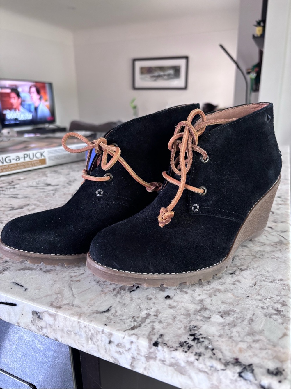Sperry Black Suede Wedge Ankle Boot with Brown Laces